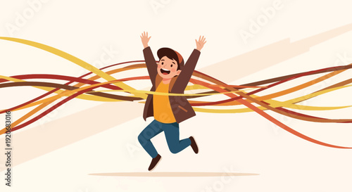 Joyful Kid Leaping Through Colorful Energetic Streaks Celebration And Fun Concept