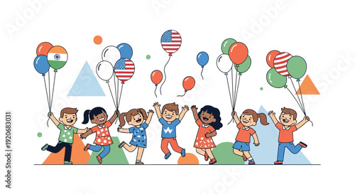 Joyful Kids Celebrate with Balloons Representing Diverse Cultures and Global Unity