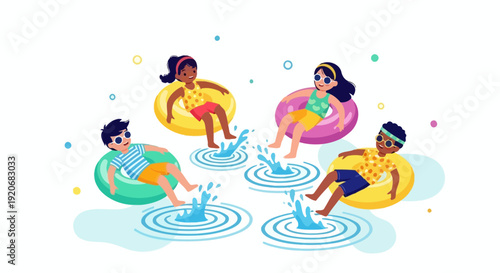 Joyful Kids Enjoying Summer Fun On Inner Tubes In The Pool