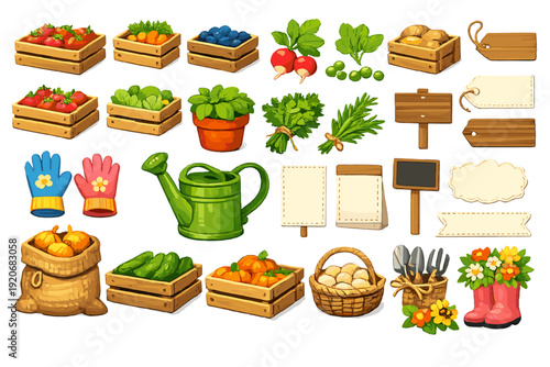 Colorful collection of garden items and vegetables in various wooden boxes