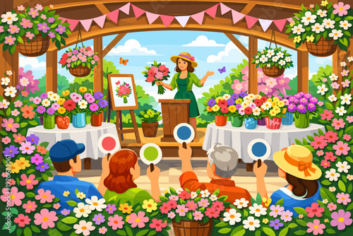 Flower arranging event takes place in a garden setting with participants and prizes for best designs