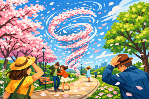People walk in a park as cherry blossoms swirl in the wind during spring in a busy city