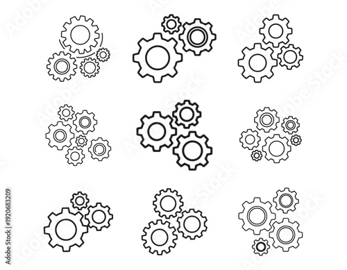 Minimal Outline Gear Icons Set For System Configuration And Automation Design