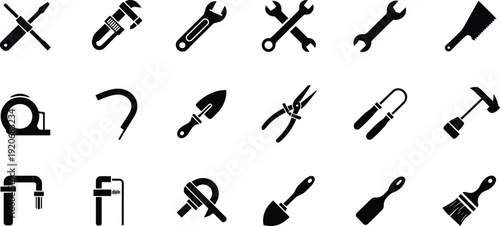 Hand tools silhouette icon set wrench hammer saw screwdriver pliers shovel brush tape measure black vector collection