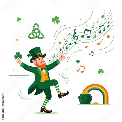 Joyful Leprechaun Dancing To Music With Rainbow And Pot Of Gold