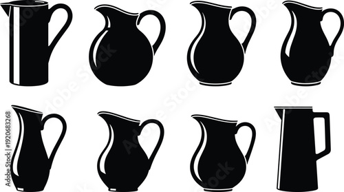 Set of eight black pitcher and jug silhouettes isolated on white background, cad drawing flat vector illustration for kitchenware design