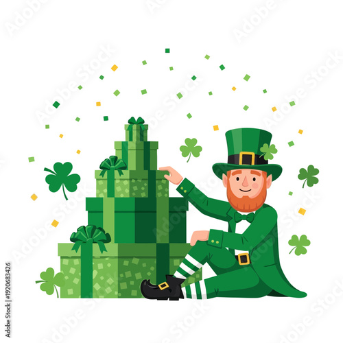 Joyful Leprechaun Surrounded By Stacked Gifts On St. Patrick's Day Celebration