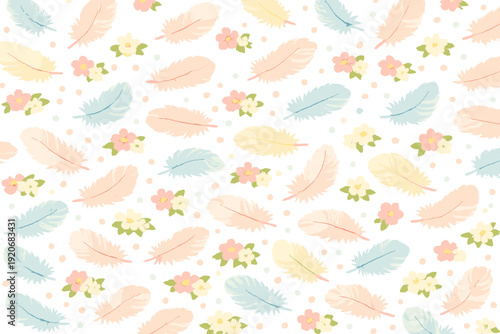 Pattern of feathers and flowers on a white background created with soft colors and diverse shapes