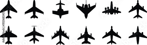 Airplane silhouette set jet aircraft icons collection passenger cargo military plane black vector illustration for aviation design projects