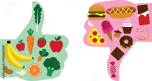 Thumbs up for healthy food including fruits and vegetables and thumbs down for unhealthy junk food like burgers and sweets