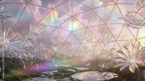 Vast garden of blown‑glass flora inside a translucent nebula dome, crystal flowers with glowing inner veins, pastel refractions, glass puddles, micro‑mist and floating pollen motes.