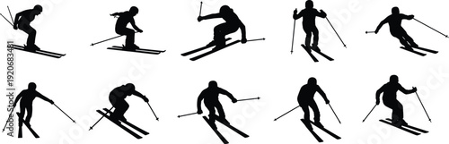 Skier silhouette set skiing sport action winter athlete downhill ski jump black vector icon collection isolated design