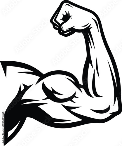 Strong biceps muscle arm silhouette isolated on white background, cad drawing flat vector illustration, fitness and bodybuilding power strength icon