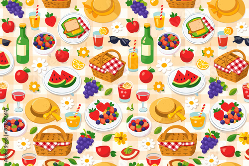 Picnic scene with food and drinks on a checkered tablecloth during a sunny day