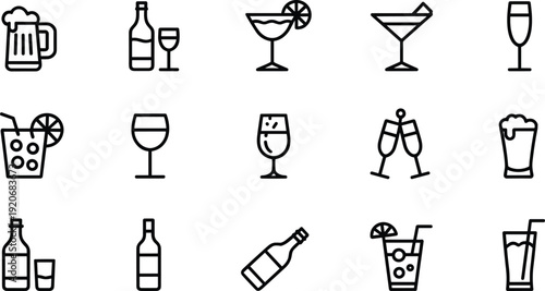 Alcohol drink line icons set beer wine cocktail champagne bottle glass outline vector collection for bar menu design restaurant template