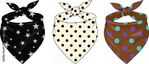 Set of patterned bandanas cad drawing flat vector illustration technical fashion sketch with stars and polka dots for apparel accessories