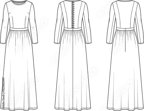 Women long sleeve maxi dress cad drawing flat vector illustration technical fashion sketch with crew neck and button back detail