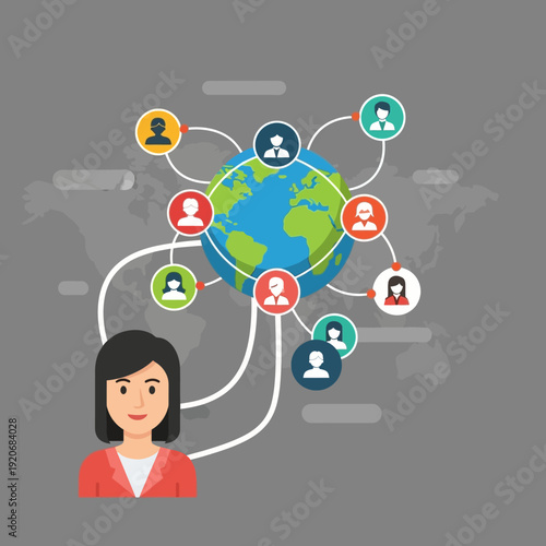 Global Network Connection: Woman Connecting People Worldwide via Digital Communication