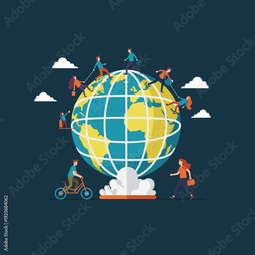 Global Teamwork: People climbing and cycling around a stylized Earth launching like a rocket.