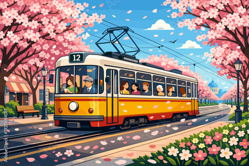 Tram travels through cherry blossoms in a city during spring with passengers enjoying the view