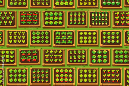 Gardens with various vegetables and plants growing in wooden boxes arranged in a grid layout during daytime