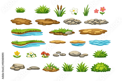 Different types of grass, stones, flowers, and water bodies arranged in various patterns for landscapes or nature scenes