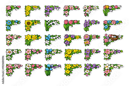 Floral designs with various types of flowers arranged in different patterns on a white background