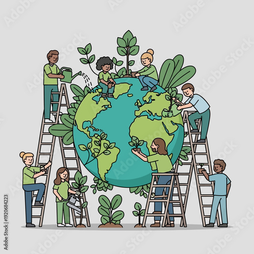 Diverse people planting and watering Earth, symbolizing global environmental care and sustainability.