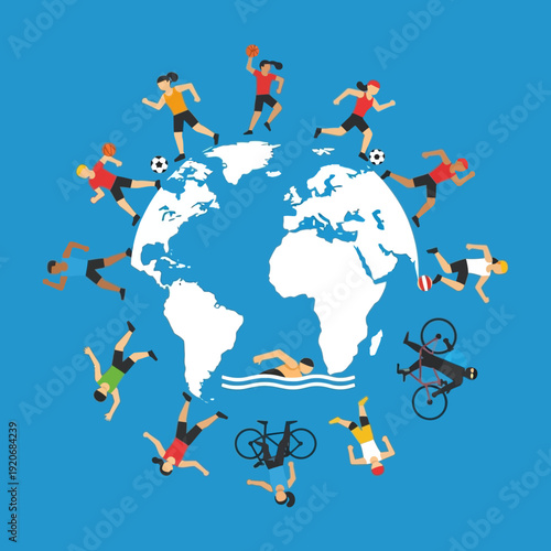 Diverse people playing sports around the globe, symbolizing global fitness and international activity.