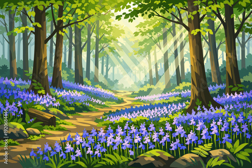 Morning light shines through trees in a forest filled with blue flowers and a winding path on an early spring day