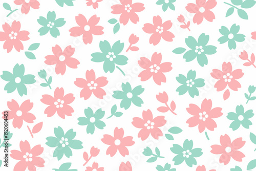 Colorful flower pattern with pink and green flowers on a white background created for textile design or wallpaper use