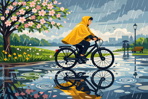 Cyclist rides through a rainy park on a bicycle while wearing a yellow raincoat near blooming flowers