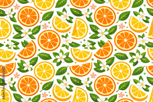 Bright pattern with oranges, lemons, and leaves on a white background suitable for various design projects or decorations
