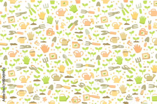 Gardening tools and plants pattern showing different items used in garden work throughout the seasons in a colorful design