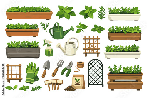 Gardening tools and plants displayed in various pots with watering can and gloves in a home gardening setting