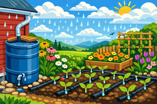 Colorful garden with rainwater collection and growing vegetables near a red barn during sunny weather in a rural area