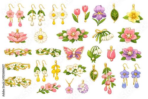 Collection of flower and leaf designs with earrings and decorative elements for crafts and decoration purposes