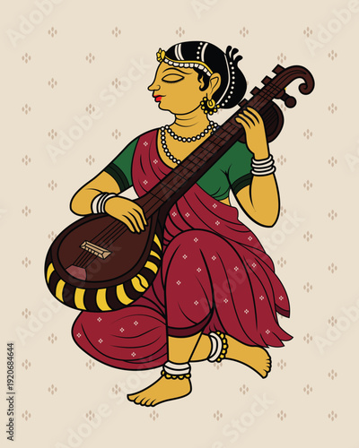 Traditional Pattachitra Art - Hand-Drawn Pattachitra Illustration of a Classical Musician with Veena. Pattachitra art, Indian folk painting, Veena player illustration, Odisha traditional art