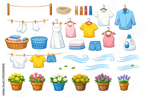 Laundry day scene with clothing items, baskets, detergent, and flowers in a simple setting