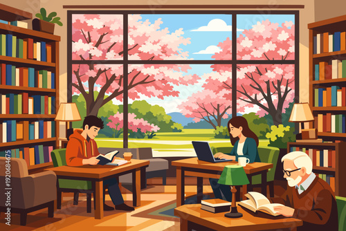 People read and work in a library with large windows facing cherry blossom trees in spring