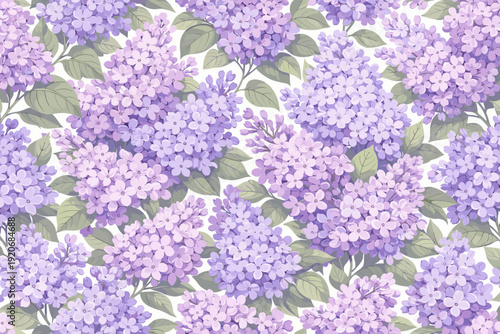 Purple lilacs fill the background with clusters of flowers and green leaves in a floral design at springtime