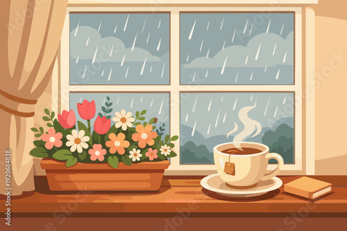 Rain falls outside while flowers bloom by the window with a warm cup of tea on a table during a quiet afternoon