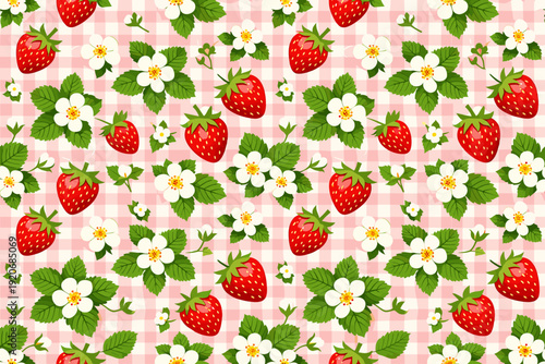 Pattern of strawberries and flowers on a pink checked background suitable for various crafts and designs