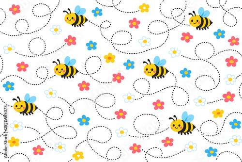 Colorful pattern with bees and flowers creates a lively design for kids in a cheerful setting