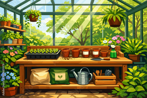 Greenhouse with plants, pots, and gardening tools at daytime in a sunny garden