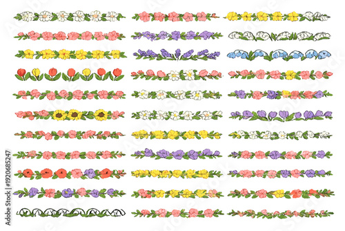 Different types of flowers are arranged in decorative lines on a white background in this artwork made for design purposes