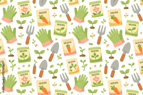 Gardening tools and seeds pattern showing gloves, trowels, and plant shoots for gardening enthusiasts