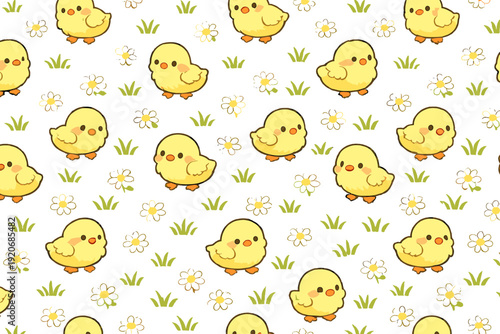 Chicks walk on grass with flowers in a bright pattern design for spring or Easter holiday