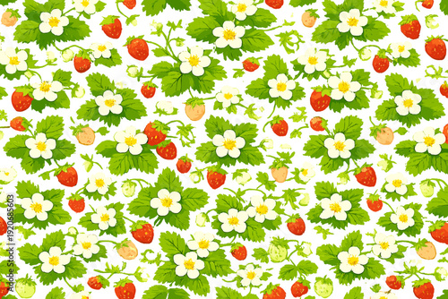 Strawberries and flowers create a lively pattern on a white background during springtime