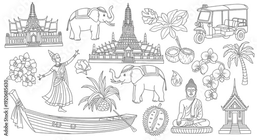 Various cultural and religious elements depicted in a Thai setting with illustrations of monks, temples, and traditional vehicles.